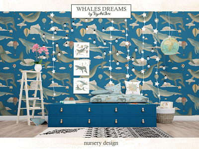 Whale Dreams Nursery Desgin animal sea designs for kids nursery design sea life seamless patterns nursery whale and airballoons whale clip art whale compositions whale for kids whale in clouds whale in thу sky whale nursery whale patterns whale png