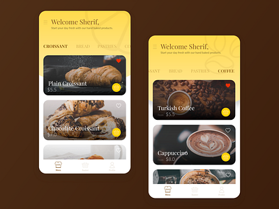 Bakery App - Product List app bakery brown cart coffee product product list ui uidesign yellow