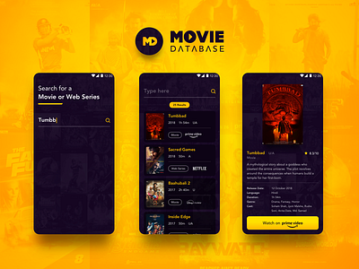 Movie Database App android app design avengers creative imdb ios mobile app mobile app design tumbbad uiux yellow