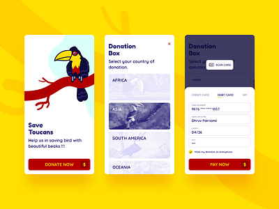 Save Toucan android ios charity app design illustration mobile app payment sketch app toucan ui ux wildlife