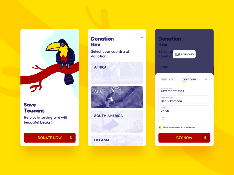 Save Toucan charity app illustration wildlife toucan sketch app ui ux design android ios payment mobile app