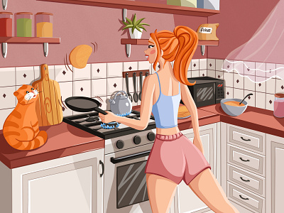 Morning breakfast cat cooking creative dribbble girl illustration morning summer