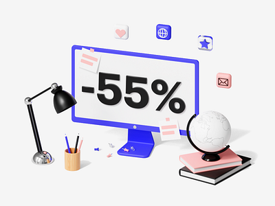 Sale online education 3d illustration 3d 3d rendering 3d shapes blender book computer design globe icons illustration lamp monitor online education sale