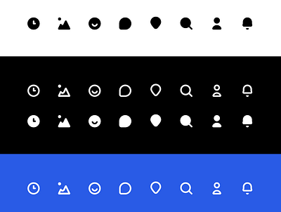 Icons on background of white, black and blue app chat clean clock darkmode dashboard design desktop details haveaniceday icon design iconset interface notifications rounded search ui user user inteface ux
