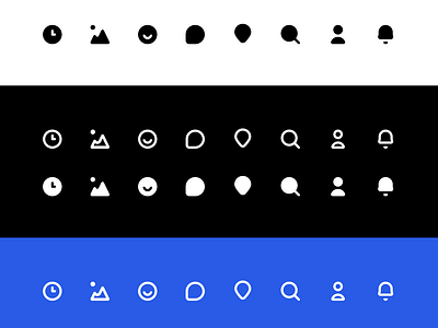 Icons on background of white, black and blue app chat clean clock darkmode dashboard design desktop details haveaniceday icon design iconset interface notifications rounded search ui user user inteface ux