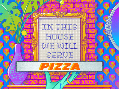 In This House We Will Serve PIZZA digital illustration embroidery fashion illustration frame home illustration pattern pattern design pizza procreateapp rainbow