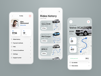 Car Rent Profile and Rides History UX UI app car car rent colors design history interface ios app mobile profile rent settings stats travel trip typogaphy ui user experience user interface ux