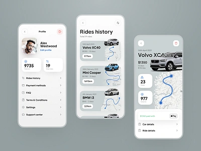 Car Rent Profile and Rides History UX UI app car car rent colors design history interface ios app mobile profile rent settings stats travel trip typogaphy ui user experience user interface ux