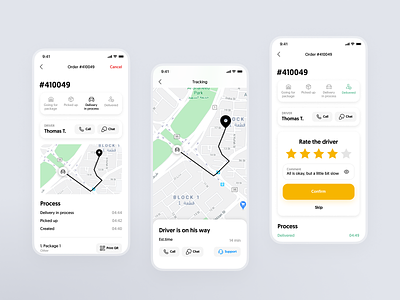 Order Tracking UX UI Delivery iOS App app apple maps delivery design driver ecosystem google maps interface ios mobile order rate rating shipping tracking ui user experience user interface ux yellow