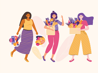 Women with bags of food food graphic design hand drawn