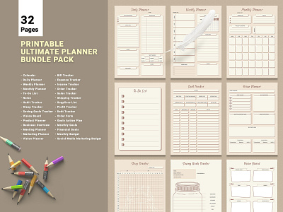 Ultimate Planner Bundle Pack bill tracker business planner clean daily daily planner design editable goals action plan graphic design habit tracker happy planner minimal monthly budget monthly planner saving goals tracker social media marketing budget vision board vision planner weekly planner