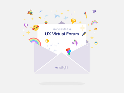 UX Virtual Forum artwork branding design emoji envelope flat illustration invitation invite letter logo minimal netlight purple ui unicorn vector web