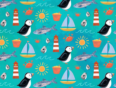 Puffin Print beach nautical pattern puffin saillboat surface pattern surfacedesign textile design