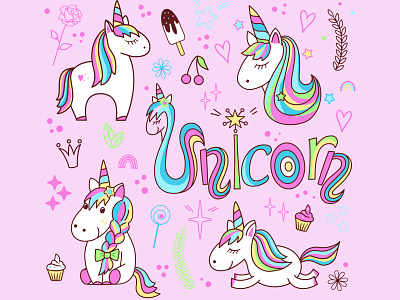 Set with unicorns cute design illustration pony set unicorn vector