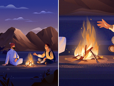 illustration for mobile app blue character desert dialogue fire illustration light man night sky