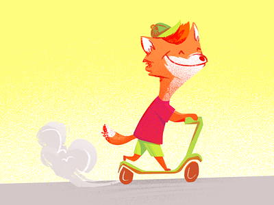 Fox Riding a Kick Scooter character fox fun green illustration kick scooter red ride speed white yellow