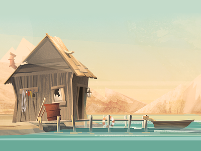 Man in the boat berth blue boat daylight fragment house illustration sea sky wip wooden yellow