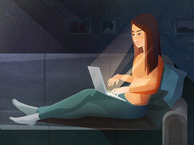 Girl on the couch blue character couch girl green hands illustration laptop light orange shapes typing