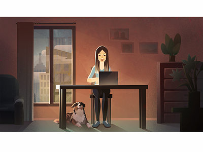 Girl With Laptop character dog girl illustration laptop light room window