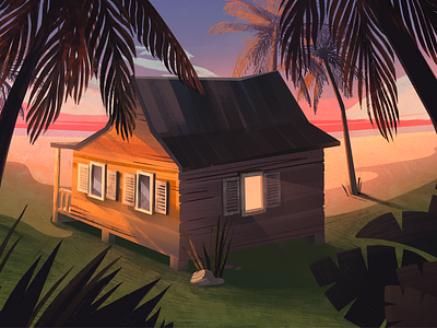 House house illustration light palms shore sunset