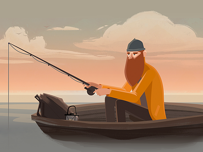 Man in the boat beard boat fishing man sea sky yellow