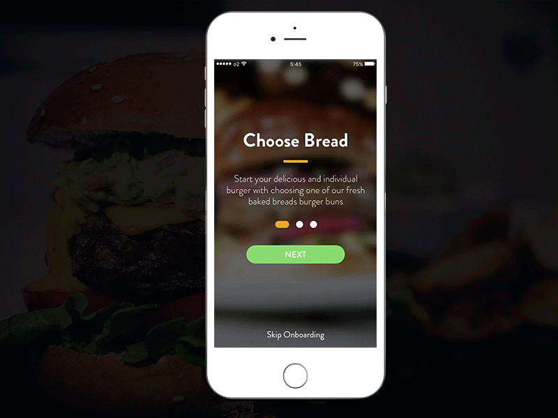 Onboarding for a Burger App - UI Challenge #20 animation burger daily ui food interaction motion onboarding principle ui challenge ui design user onboarding