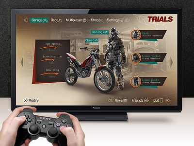 Console game interface concept - garage art color design digital game graphic icon interface race ui ux