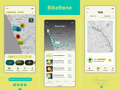 BikeBone Android UI branding design figma material design roadtrip ui uiux