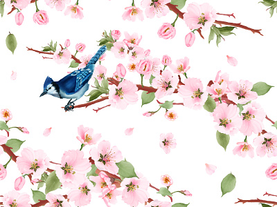 Beautiful hand drawn cherry blossom seamless pattern