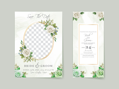 Elegant white and greenery roses wedding invitation card watercolor