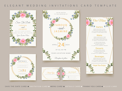 Beautiful and elegant floral wedding invitation stationary cards design