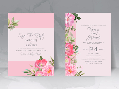 Wedding invitation card set with beautiful pink flowers design invite