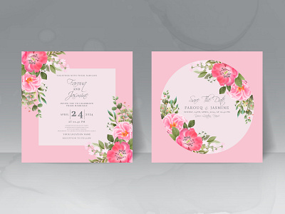 Wedding invitation card set with beautiful pink flowers design invite