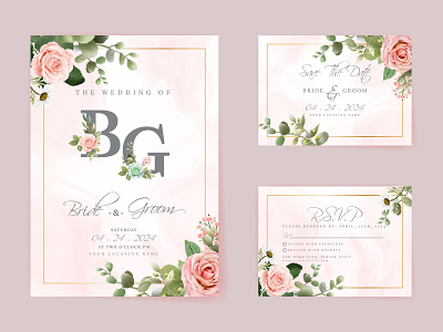 Elegant hand drawn roses wedding invitation card template invite