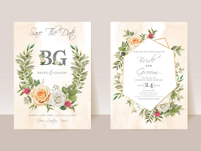 Romantic floral watercolor wedding invitation card set leaf