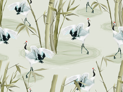 Hand painted seamless pattern japanese crane with bamboo japanese