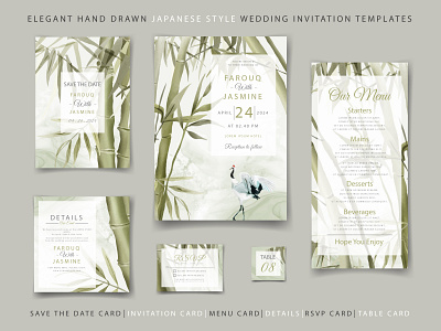 Elegant hand drawn japanese style wedding invitation stationary template