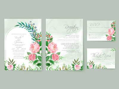 Pink Roses wedding invitation card set