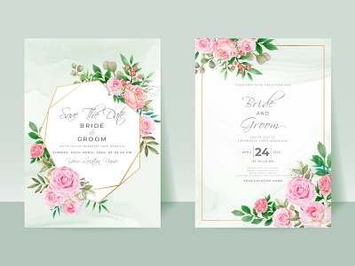 Pink Roses wedding invitation card set gold