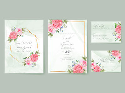 Pink Roses wedding invitation card set gold