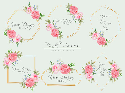 Hand drawn pink rose wreath clip arts