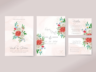 Wedding invitation template set with elegant white and red roses white