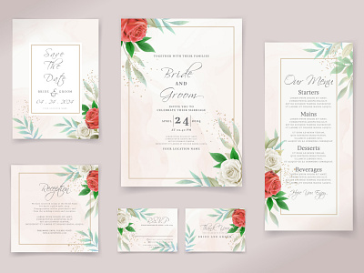 Wedding invitation template set with elegant white and red roses white