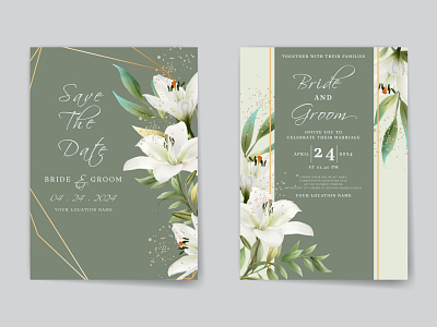 Elegant wedding invitations with white lily watercolor design elegant