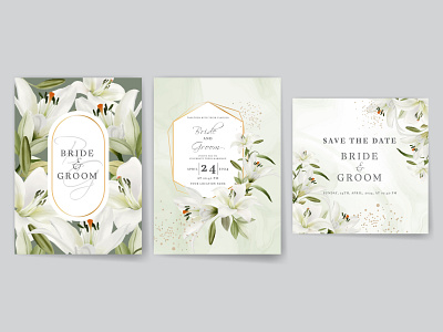 Elegant wedding invitations with white lily watercolor design elegant