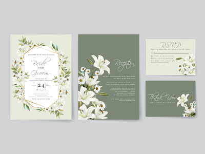 Elegant wedding invitations with white lily watercolor design elegant