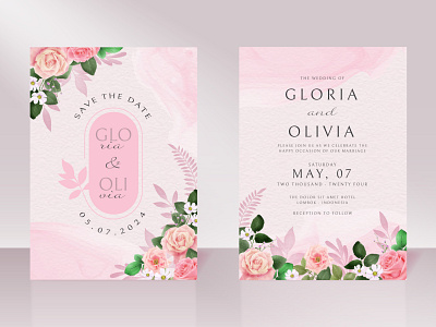 Wedding invitation card with beautiful hand drawn pink rose watercolor