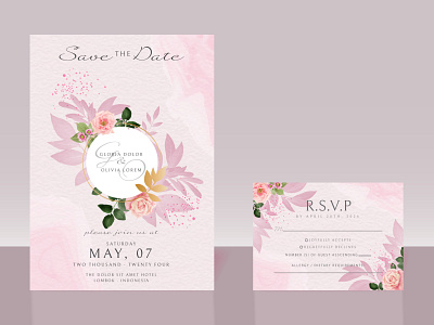 Wedding invitation card with beautiful hand drawn pink rose watercolor