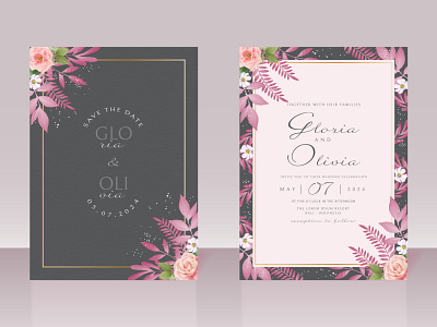 Wedding invitation card with beautiful hand drawn pink rose watercolor