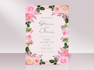 Wedding invitation card with beautiful hand drawn pink rose watercolor